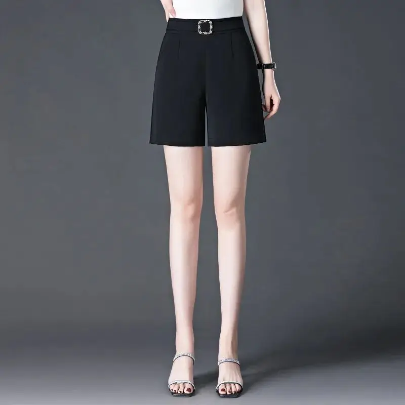 Summer All-match Fashion Bright Line Decoration Solid Color Elastic Waist Shorts Ladies Simplicity Pocket High Waist Trousers