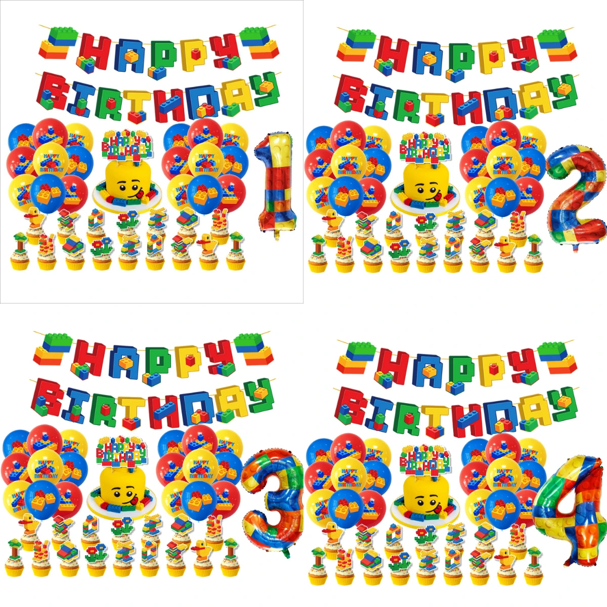 Ballons en latex à thème de blocs de construction, chiffres 0-9, décorations de gâteau, motif briques, ensemble de fournitures de fête pour décorations d'anniversaire