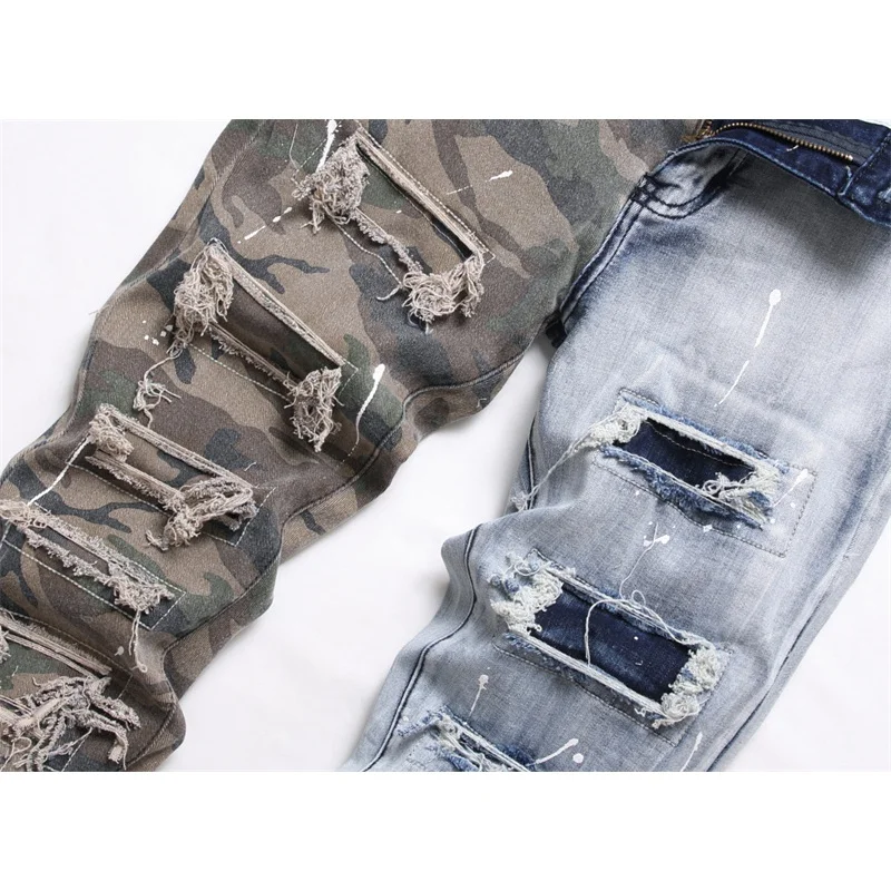 Patchwork stitching color matching jeans men's street fashion design cool smart fashion trend unique slim fit skinny pants