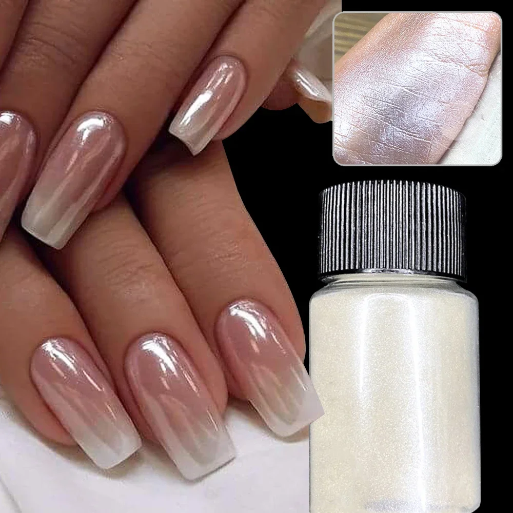 10g/Bottle Pearls White Nail Pigment Glitter Aurora Nail Powder  Chrome Glitter Pigment Dust UV Manicure Dip Powder