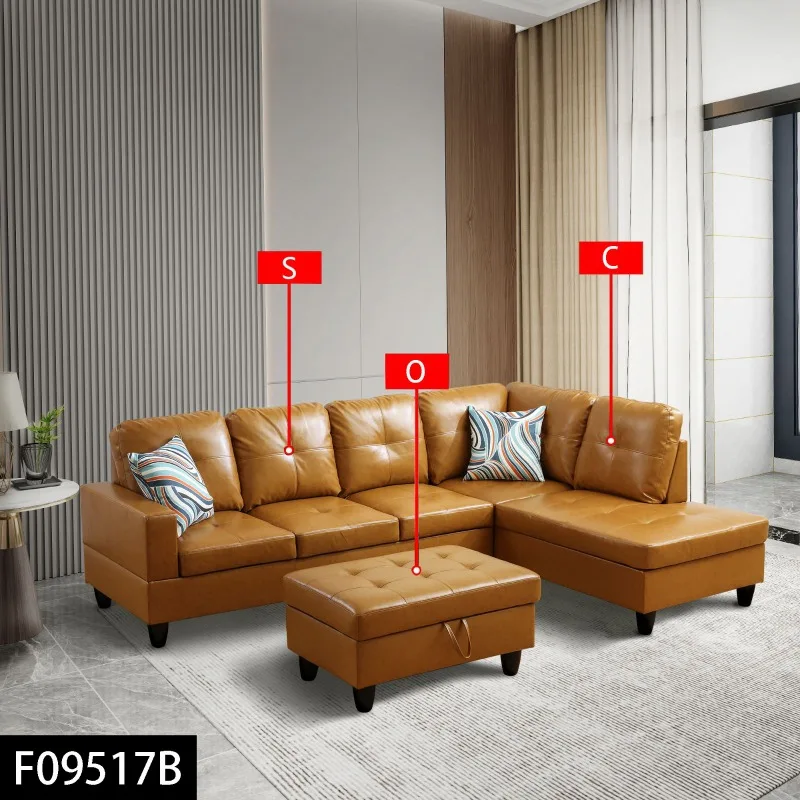 أرائك الكركم طقم أريكة مكون من 3 قطع مع مساحة تخزين أثاث جلد عثماني عالي الجودة قابل للتنفس إسفنجة إطار من الخشب الصلب المتين
