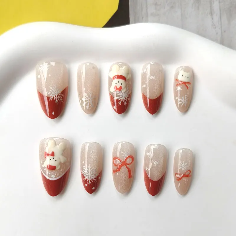 10Pcs French Style 3D Christmas Bear Almond Shape Fine Glitter Cat Eye Press on Nails Red Bow Nail Art Stickers Nails False Nail