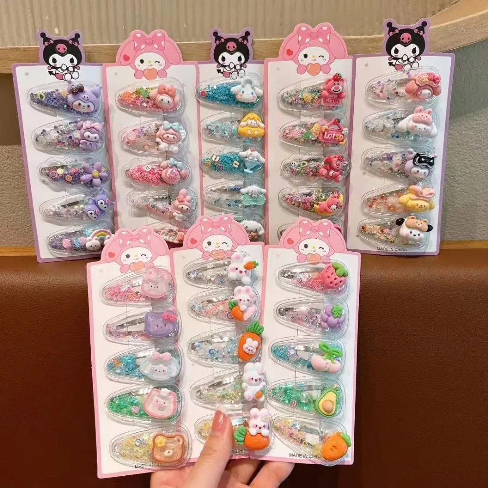 

5Pcs Sanrio Kuromi Girls Hairpins Kawaii Cinnamorol!Baby Hairclip Melody Princess Flowing Sand HairBarrette Sanrio Accessories