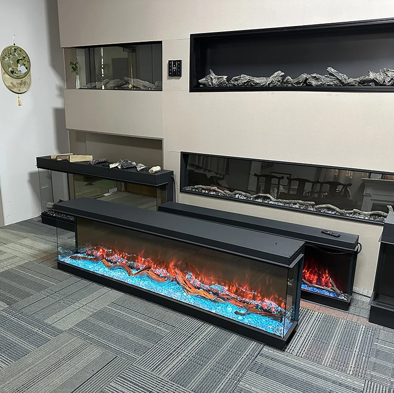 Custom 3D Mirrored Electric Fireplace Glowing Ember Bed Realistic LED Flame Electric Fireplaces TV Stand 33-80inch