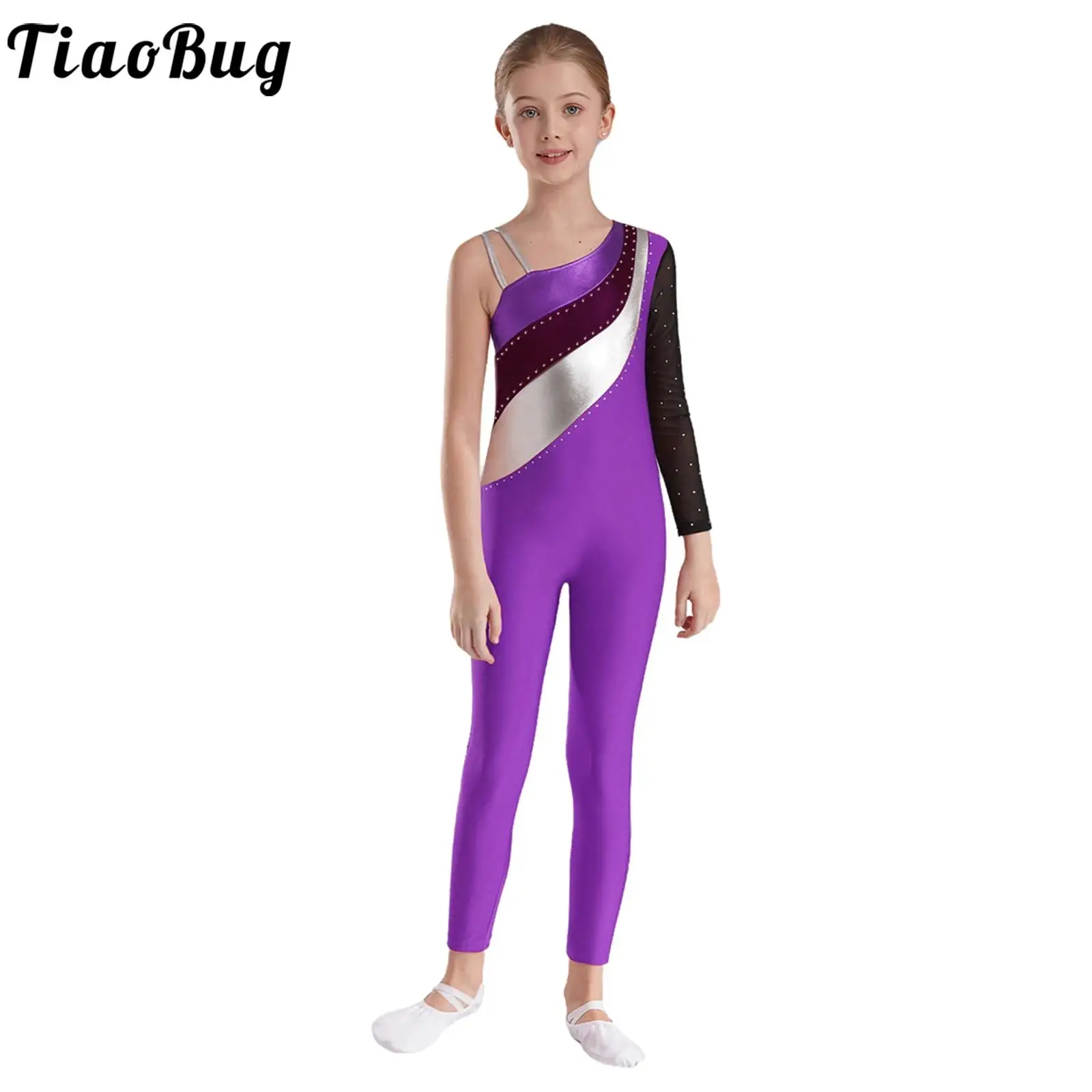 Kids Girls Figure Skating Dance Tights Jumpsuit One Shoulder Metallic Patchwork Long Sleeve Bodysuit for Gymnastics Performance