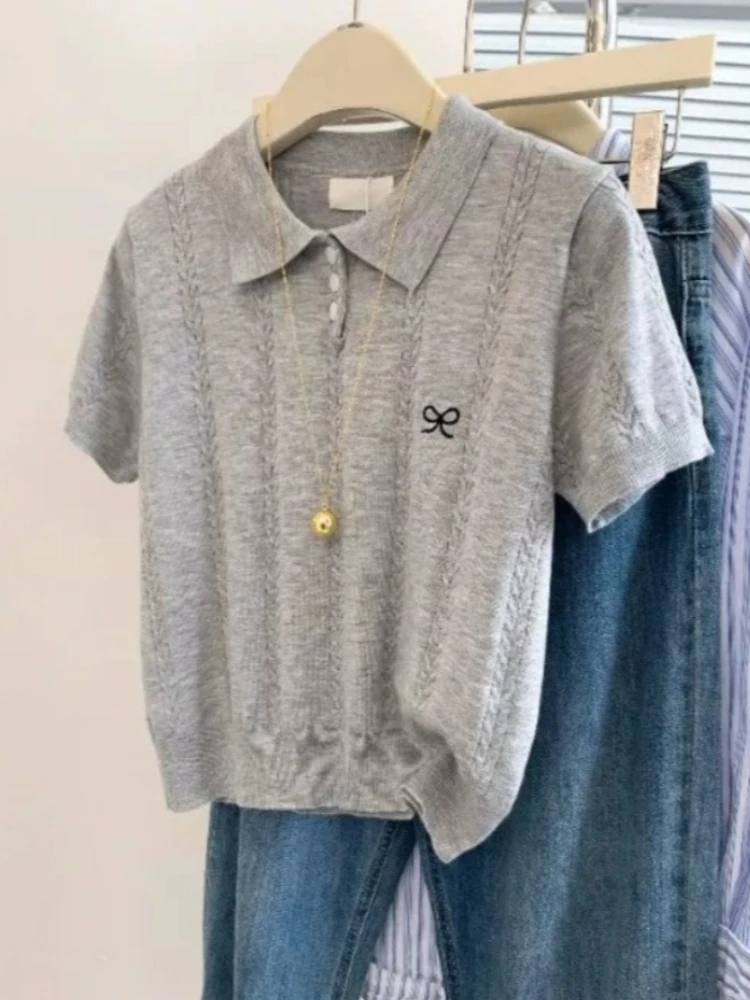 Trendy Versatile Casual Tee 2026 Summer New Women Gray Knitted Polo Neck T-shirt Cute Bow Embroidery Short Sleeve Tops