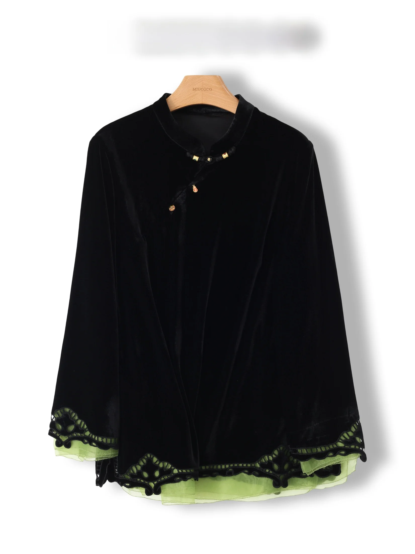 

Retro Chinese Style Velvet Shirt Collar Stand up Color Block Hollow out Design Traditional Top Women's Fashion
