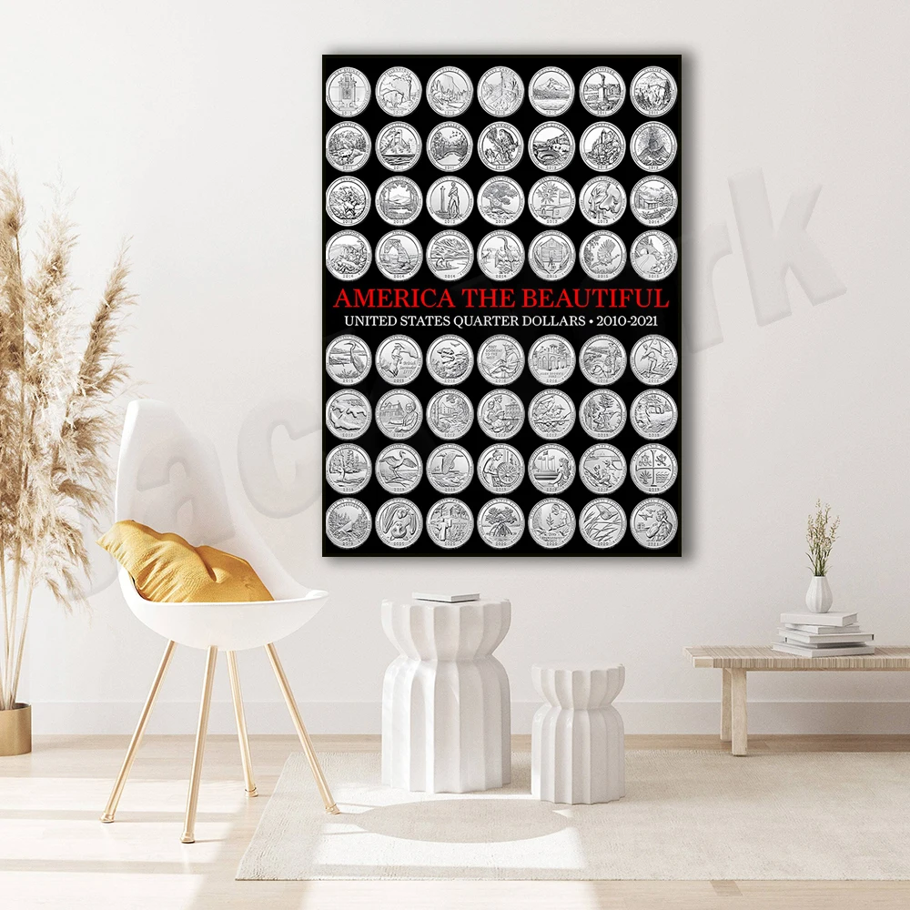 Póster de Estados Unidos, el hermoso cuarto de dólar americano de 2010-2021, con todos los 56 cuartos de parques nacionales, monumentos nacionales, impresión artística