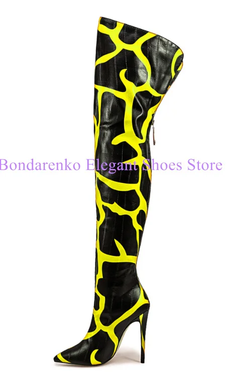 

New Zebra Printed Leather Woman Long Boots Sexy Pointed Toe Thin Heel Mixed Color Lady Over the Knee Boots Thigh High Boots