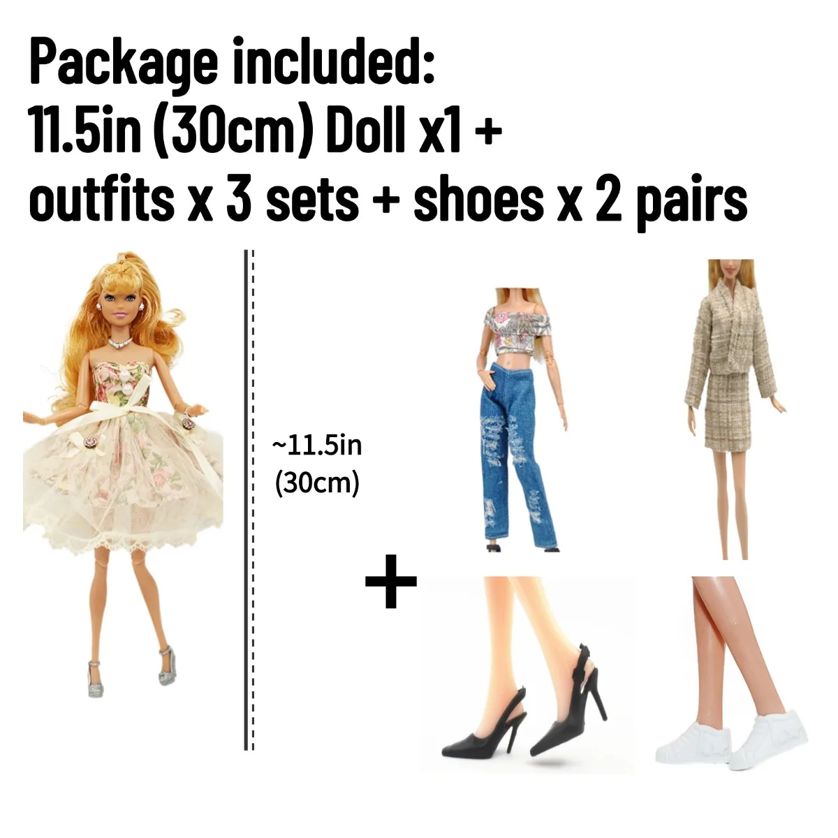 BJD Doll 12 inch 30cm with Outfits x3 sets and Shoes x 2 pairs - Movable Figure Model DIY Best Girl Gift Child Toys