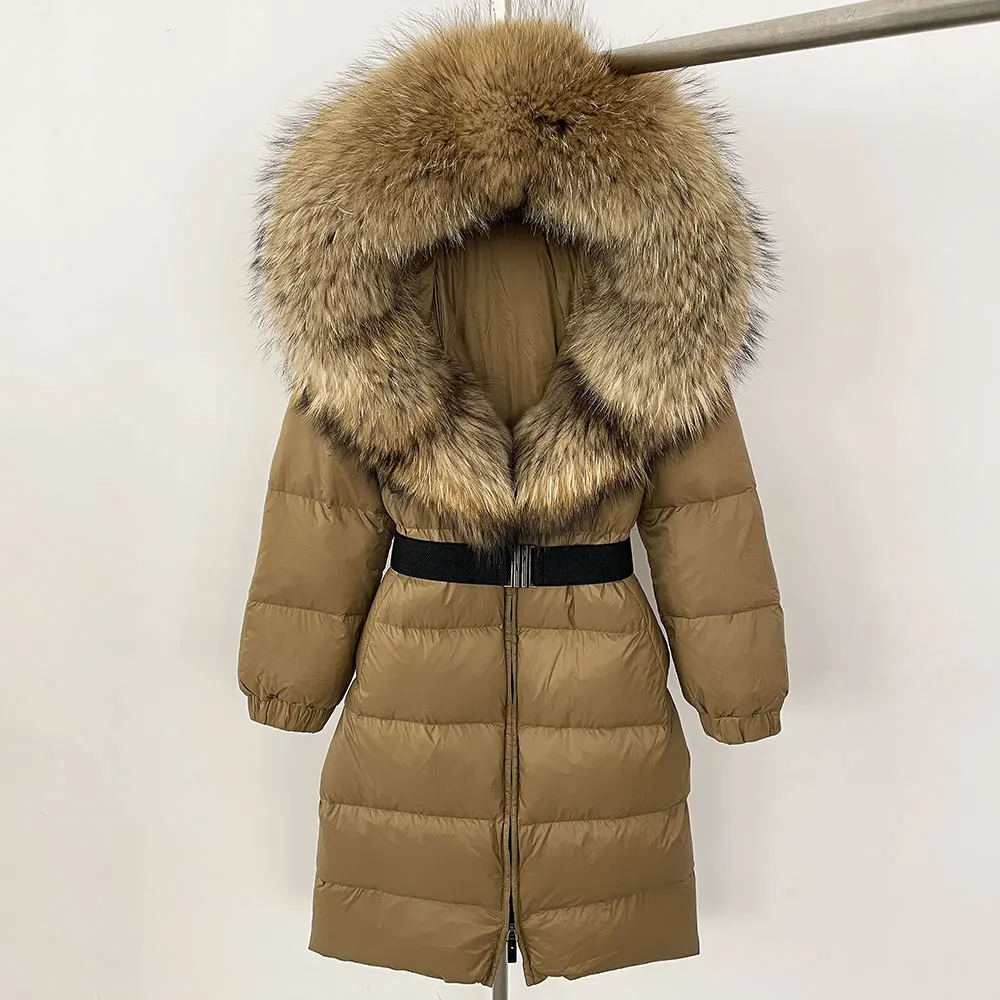 New Natural Thick Warm Long Winter Jacket Women Real Big Fox Fur Collar Belt Loose Puffer Parka 90% White Duck Down Coat