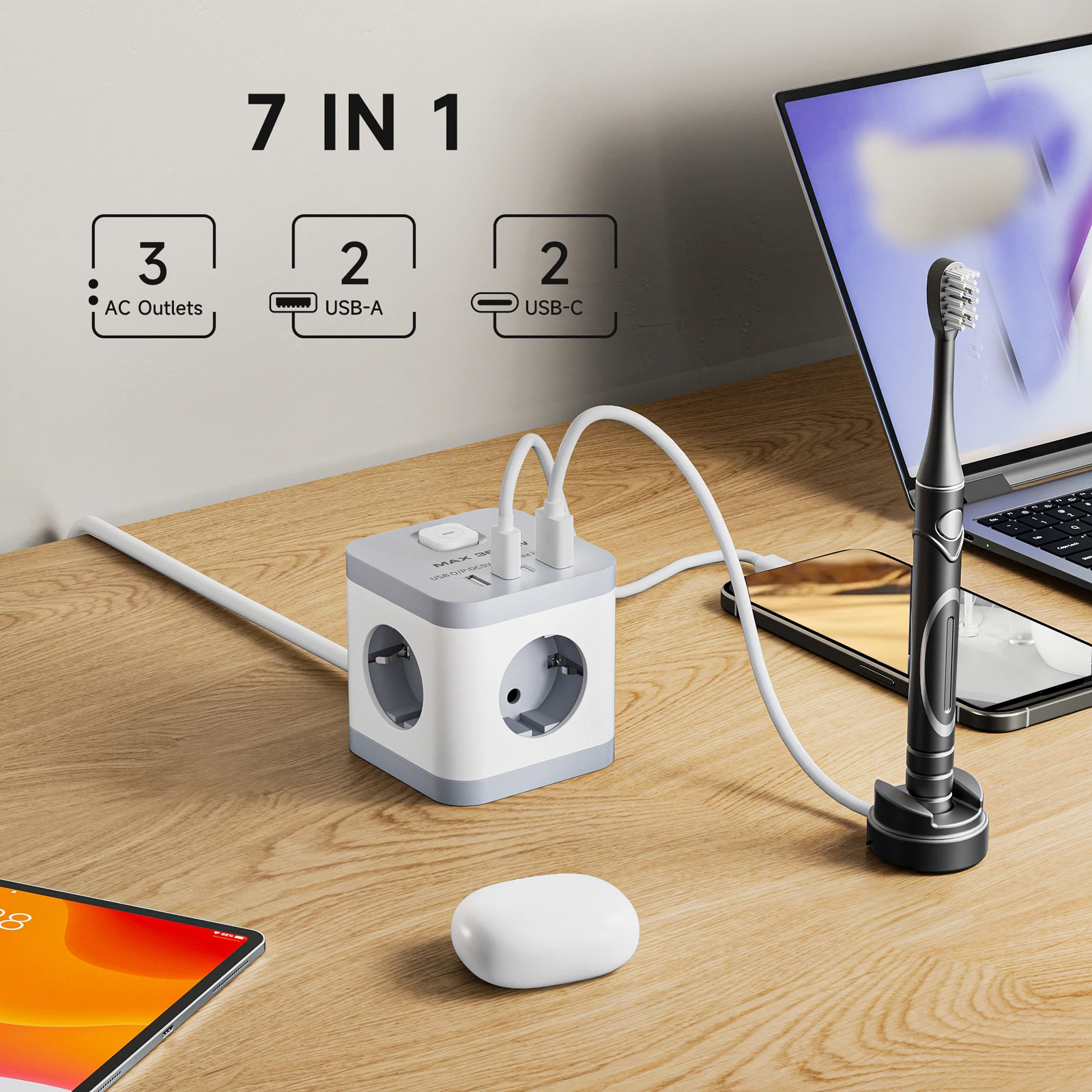Bande d'alimentation CUBE blanche ue, rallonge de 150cm, 3AC 2 USB-A + 2 USB-C 16A 3680W, adaptée à la famille, au travail et aux voyages, 1 pièce