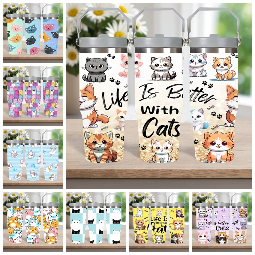 

1pc 304 Stainless Steel Tumbler Insulated Tumbler, Suitable for all season,30oz Cat Print Cup Ideal Gift for Friends and Family