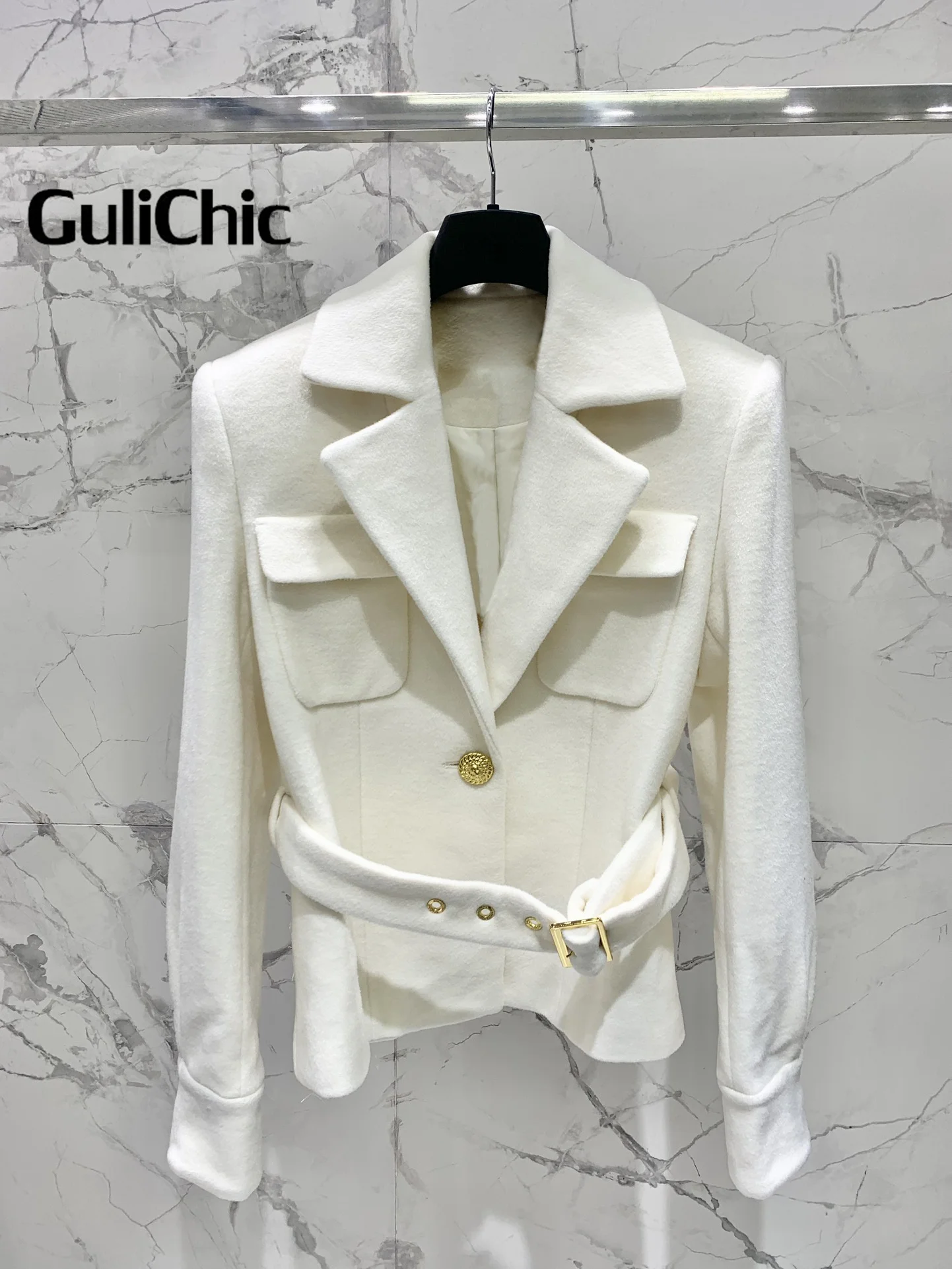 8.16 GuliChic Women Elegant Temperament Lapel Pocket Woolen Coat Fashion Single Button With Belt Collect Waist Slim Jacket