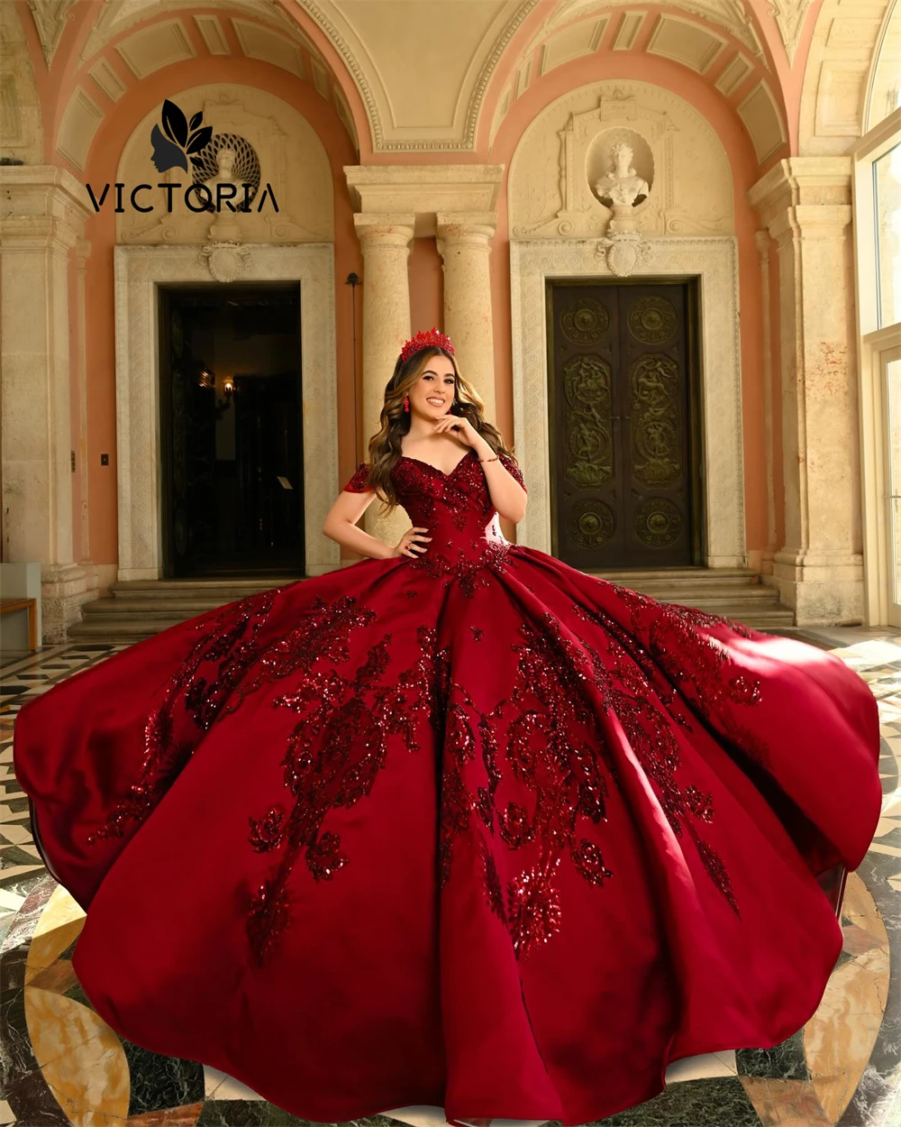 

Red Satin Sequined Appliques Corset Quinceanera Dress Ball Gown Off The Shoulder 18th Birthday Debut vestido de charra 15 años