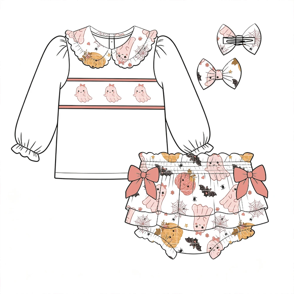 Halloween Boutique Kids Sets Lapel Ruffle Long Sleeve Top and Elastic-waist Shorts Bow Decoration Pumpkin Ghost Print
