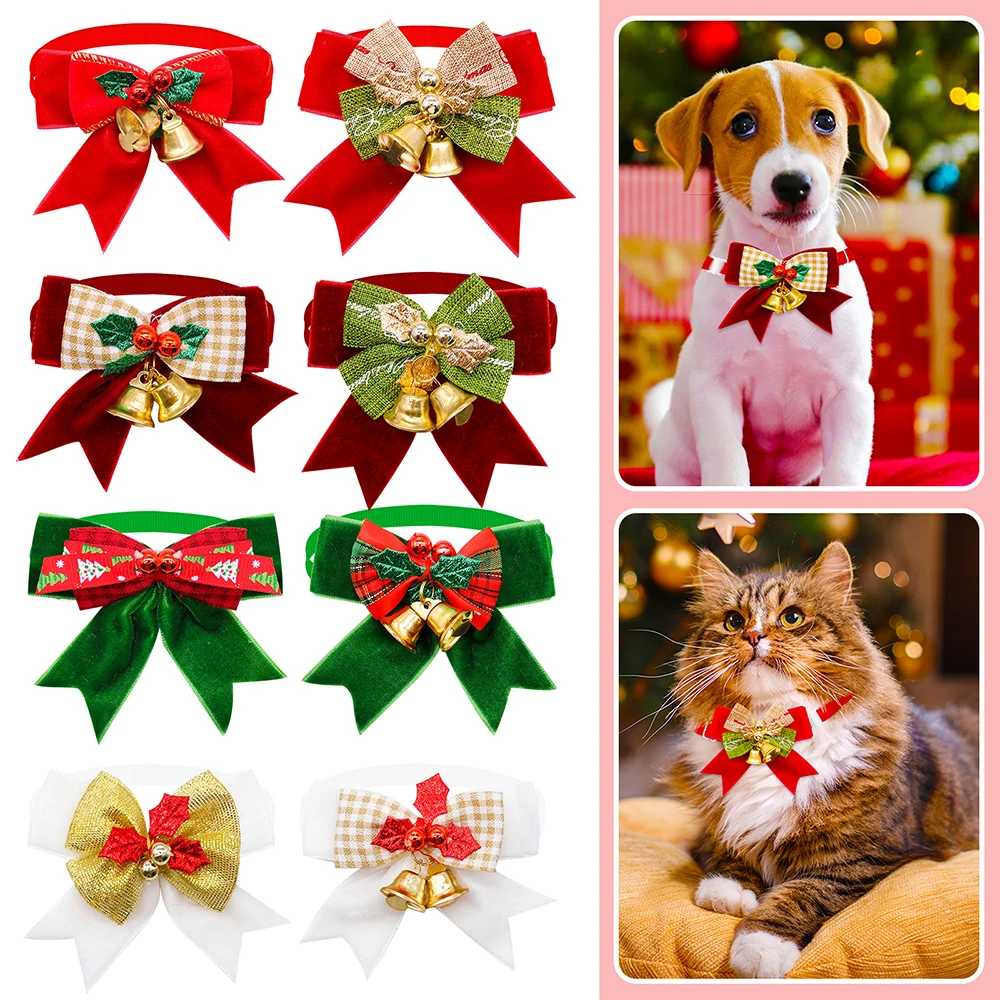 

30PCS Christmas Decorate Pets Dog Bowtie with Bell Classic Adjustable Dogs Collar Dog Festival Gift for Small Dogs Accessories