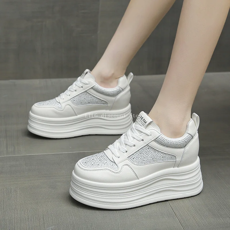 Ladies Low Top White Chunky Platform Board Shoes Bling Lace‑up Thick Cushion Sole Women Daily Walking Casual Fashion Sneakers