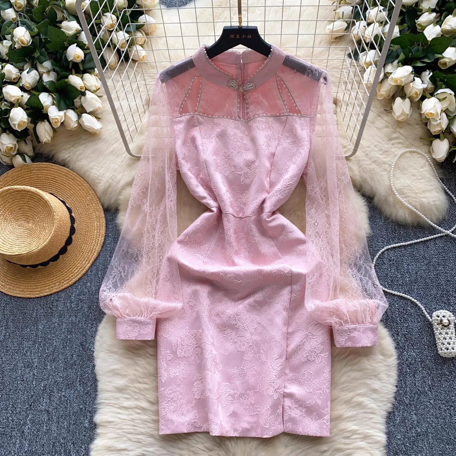 New Chinese Style Autumn Pink Stand Collar Party Dress Women Lace Spliced Jacquard Pearls Beaded Sexy Hollow Out Split Clothes