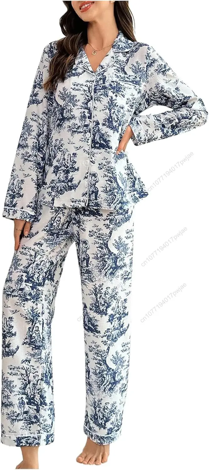 

WDIRARA Women's 2 Piece Graphic Pajama Set Button Down Sleepwear Long Sleeve Shirt and Pants Pjs