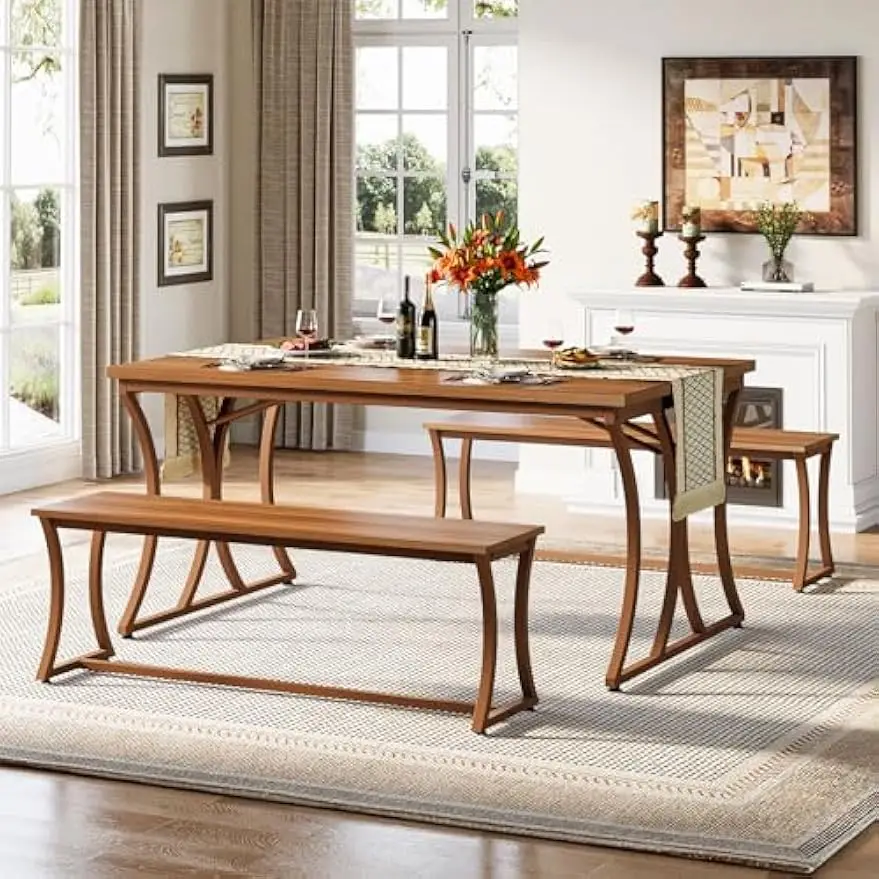 4-Piece 51-Inch Dining Table Set with 2 Benches & Table Runner, Mid-Century Modern Dining Room Table Set for 4-6, Rectangular