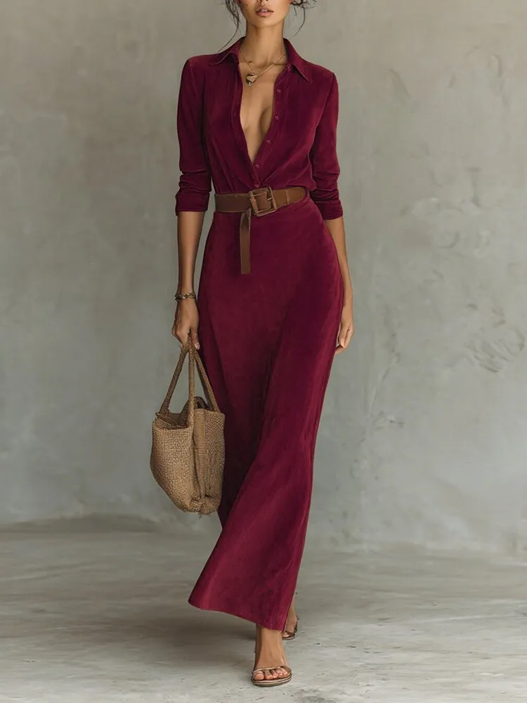 Women's Minimalist Solid Dress Fashion Belted Lapel Long Sleeves Shirts Dresses Spring Autumn Lady High Waisted Office Vestidos