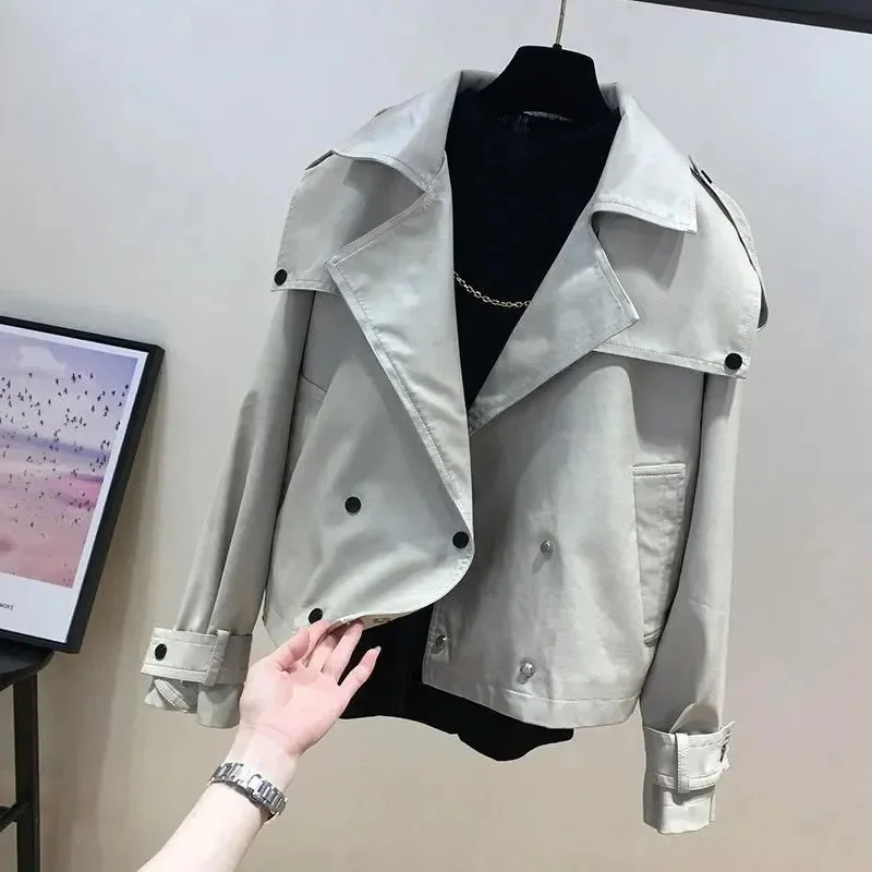 Lapel Motorcycle Leather Jacket Women\'s 2024 Spring Autumn Leather Outerwear Tops New Fashion Windproof Coat Jackets Female