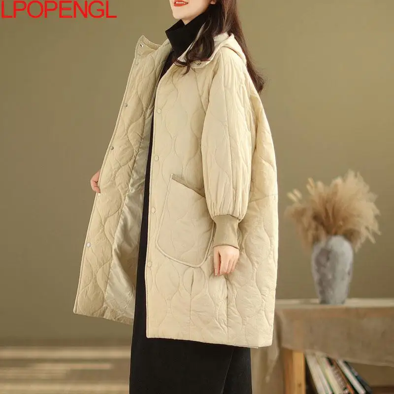 Fashion Women Winter New Mid-length Single Breasted Down Cotton Jacket Korean Loose Hooded Warm Rhombic Wide-waisted Coat