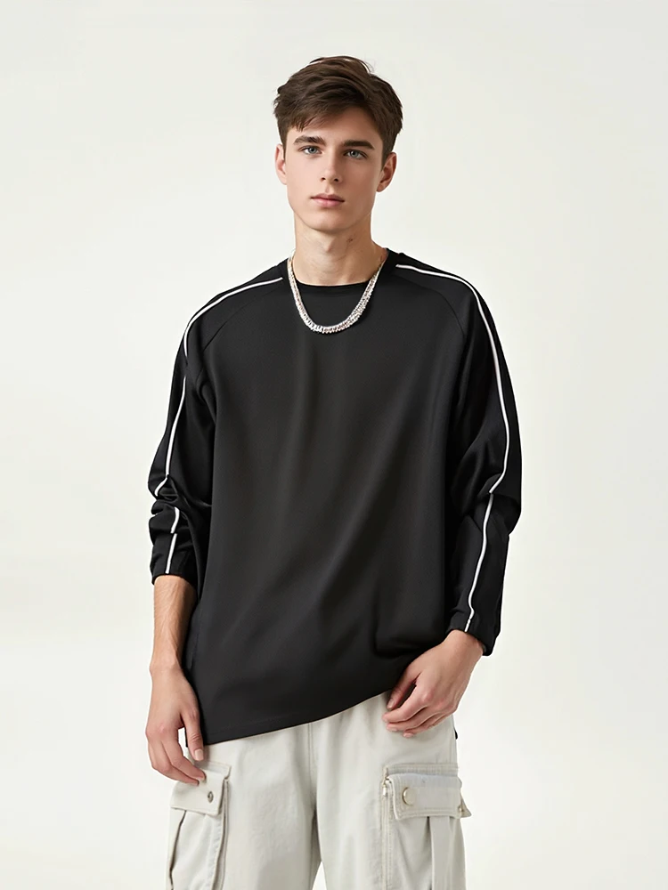 

Осень 2023, новые футболки с длинными рукавами, мужские уличные футболки в тонкую полоску с декором, большие футболки для пар, унисекс, свободные футболки