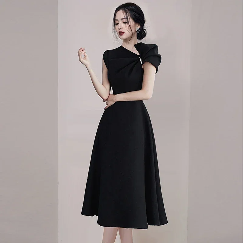 

JSXDHK Brand Ladies Vintage Party Midi Party Dress High Quality Designer New Summer Bow Beaded Sleeveless Ball Gown Black Dress