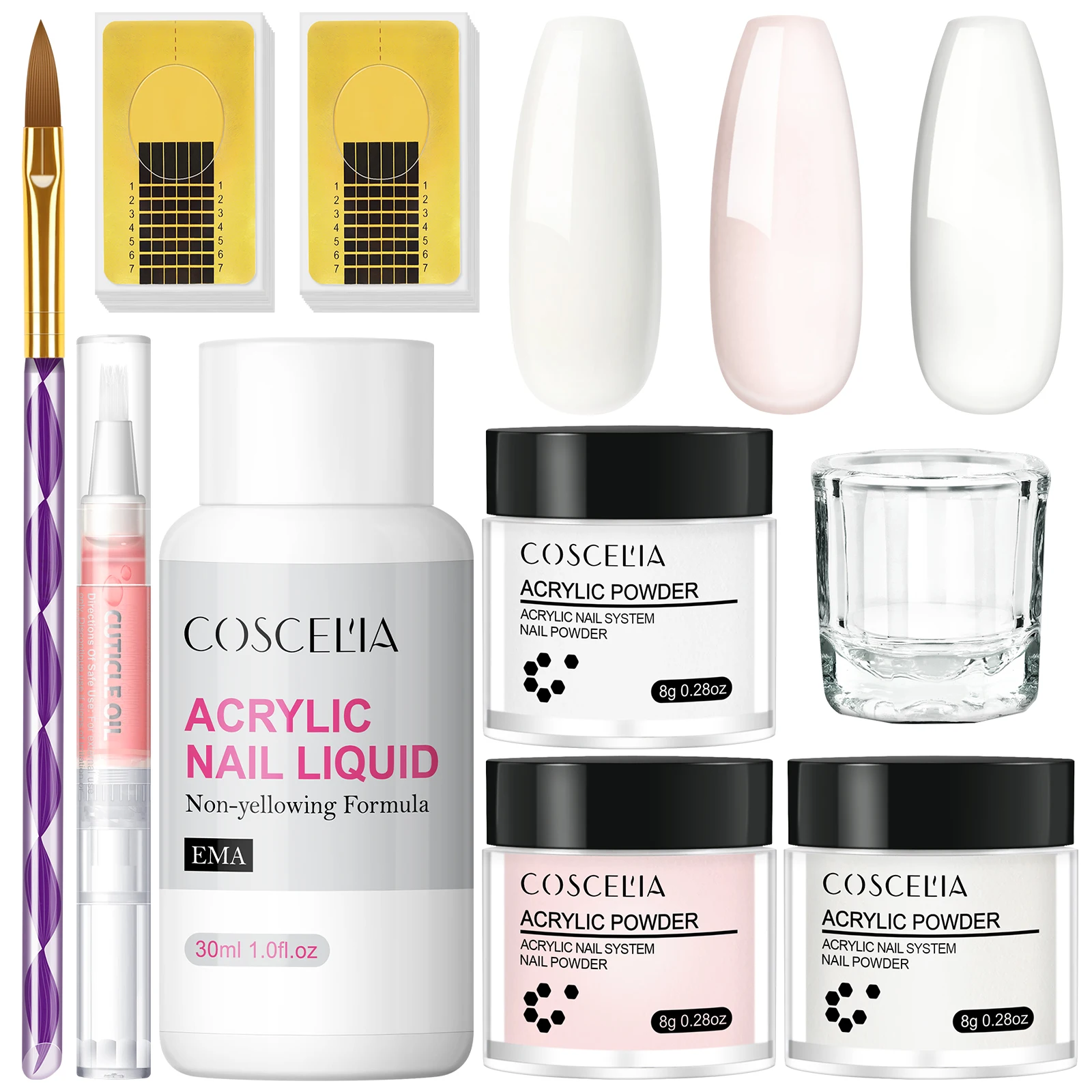 

Coscelia 9PCS Acrylic Powder Kit 3 Colors Acrylic Powder Set with 30ML Acrylic Nail Liquid Manicure Tools for Extension Nails