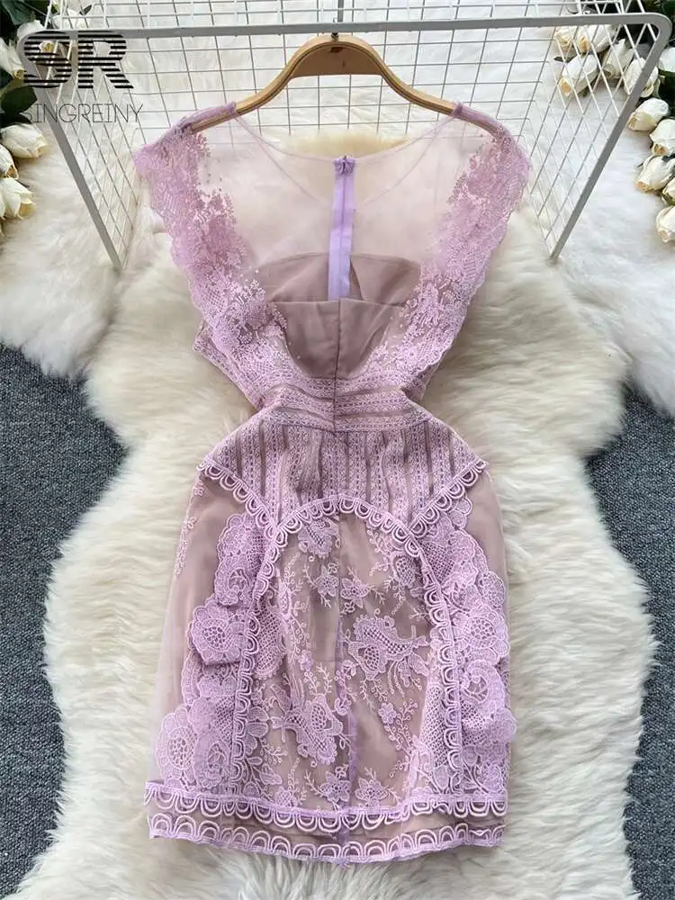 BabYoung Senior Spitze Splice Mesh Frauen Sommer Ärmellose O Neck Zipper Design Damen Schlank Temperament, Figurbetontes Kleid