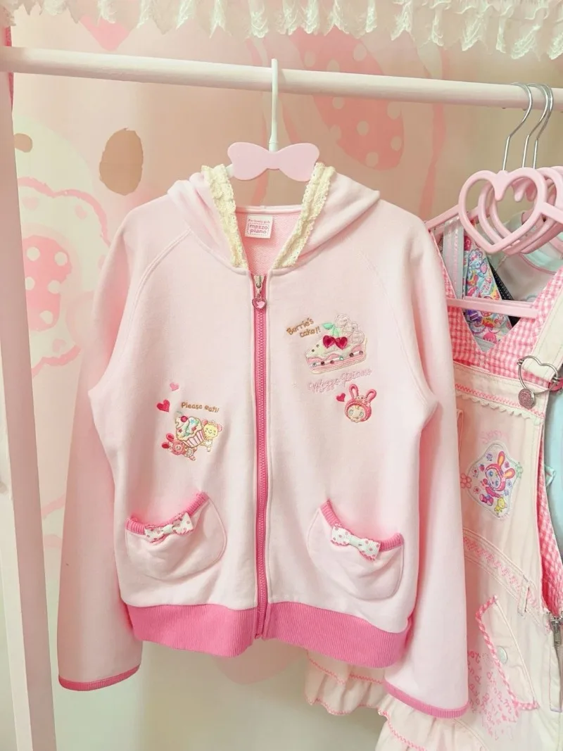 

Kawaii Girls' Jackets Sweet Girls' Autumn New Cake Bunny Print Zip Up Hoodie Kids Fun Coats Adolescent Streetwear for Girl