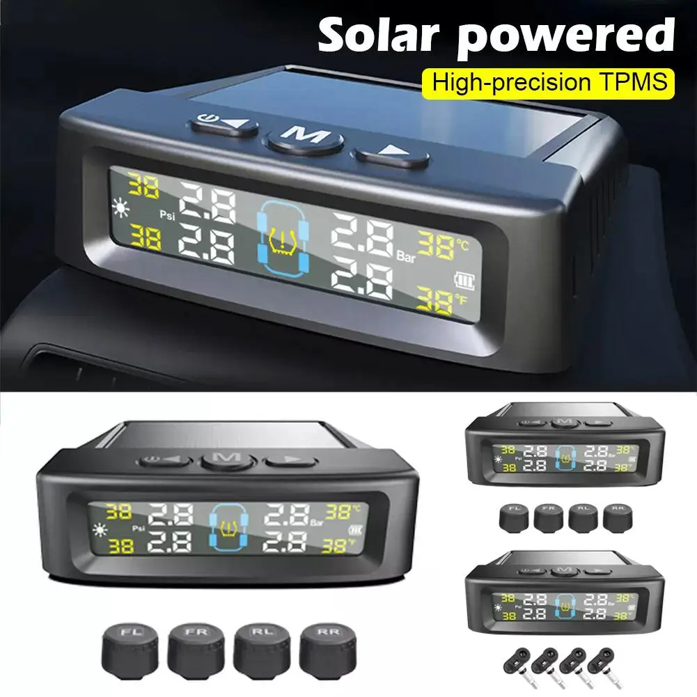 Tire Pressure Monitor Car Safety Alarm System Wireless Color Display with Solar/USB 4 Powered Sensors Digital U6S8