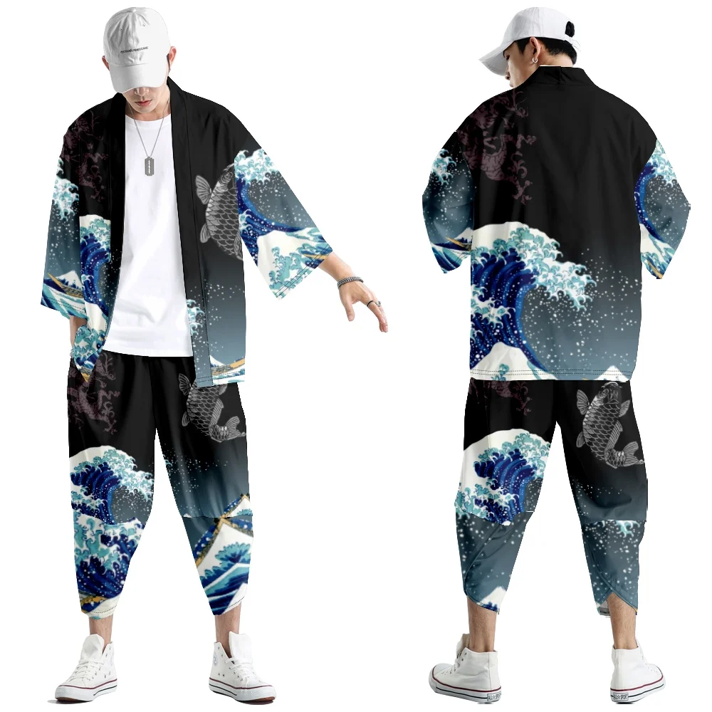 

Kimono Cardigan Women Men Japanese Obi Male Yukata Men's Haori Ukiyo-e Kanagawa Sea Wave Carp Print Coat Traditional Clothing