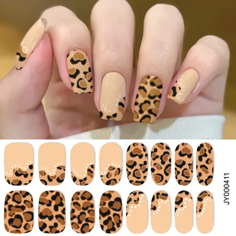 16Tips Semi Cured Leopard Print Gel Nail Stickers Chic Maillard Color Nail Strips Patch Self-adhesive UV Lamp Need Press On Nail