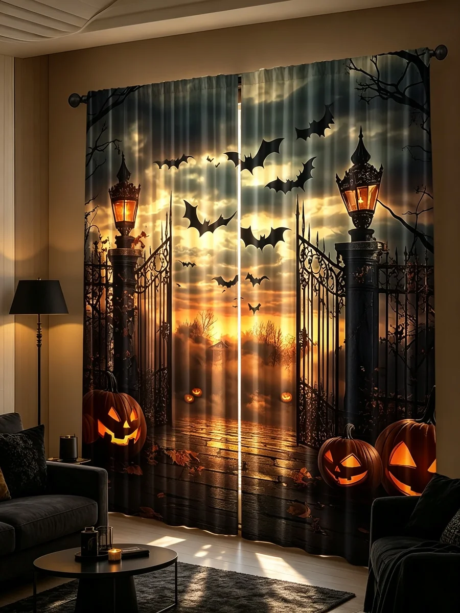 2PCS Ghost Graveyard Scene Print Curtains, Halloween Spooky Cemetery Bat Pumpkin Pattern Window Drapes for Holiday Home Decor