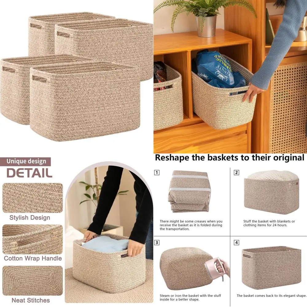 

4 Pack Storage Baskets for Organizing, Cube Storage Bins for Shelves, Rectangle Storage Baskets With Handles, Woven Baskets for