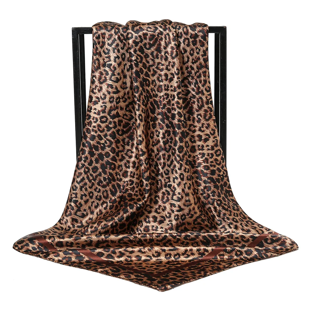 Fashion Leopard Scarf Hijab Shawl Silk Feeling Hair Ties Satin Square Turbans Cheetah Animal Print Head Wrap Scarves