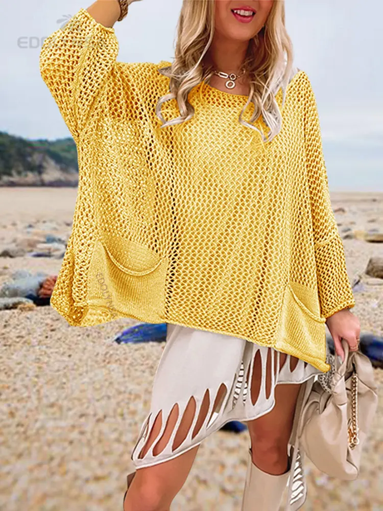 Strandbedekking Voor Dames 2023 Zomer Nieuwe Lijn Sexy Uitgehold Visnet Zonwerend Shirt Met Grote Zakken