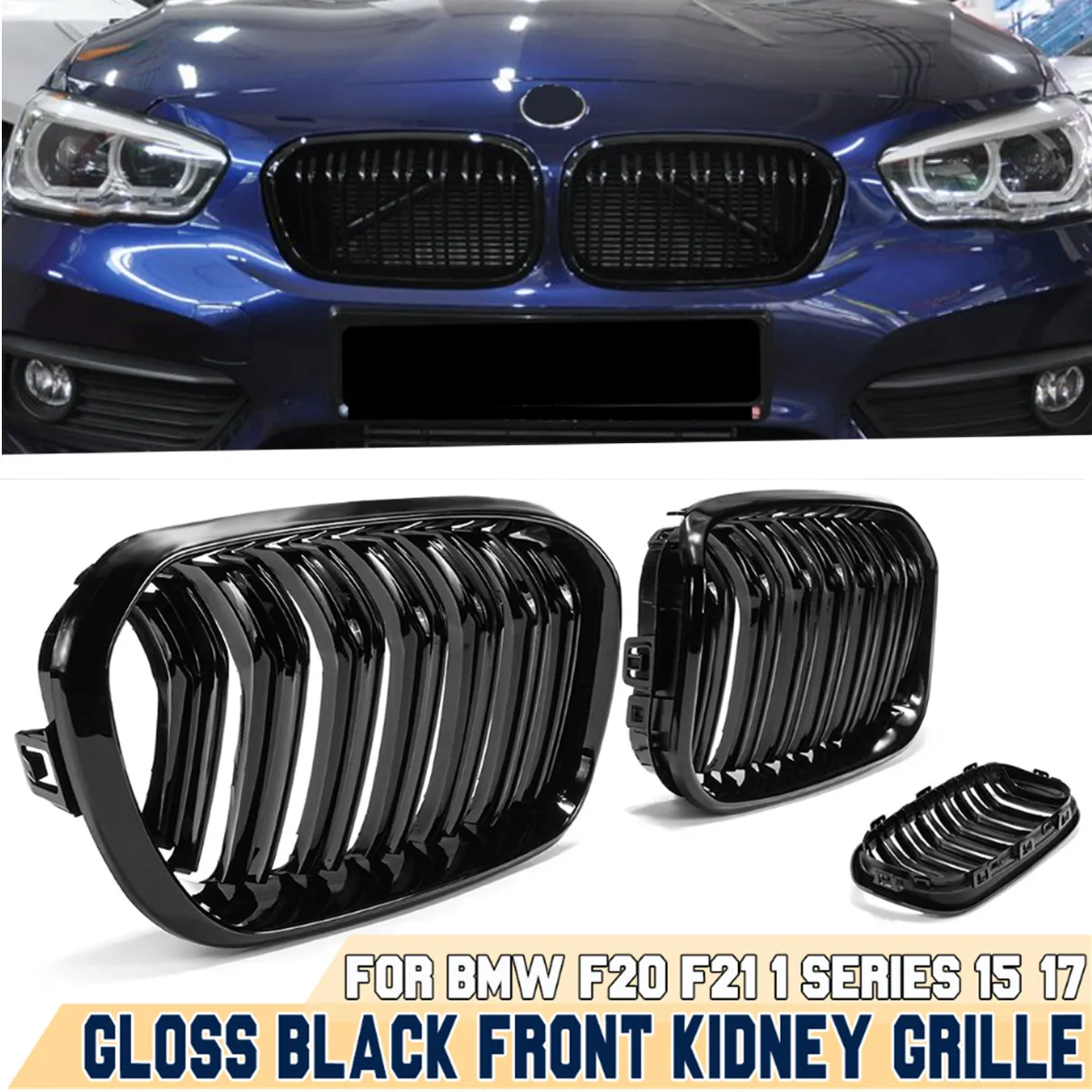 Recambio de rejilla delantera de riñón doble para BMW, accesorio de color negro con acabado brillante, modelos F20, F21, 118i, 120i y 125i, modelos 2015, 2016 y 2017