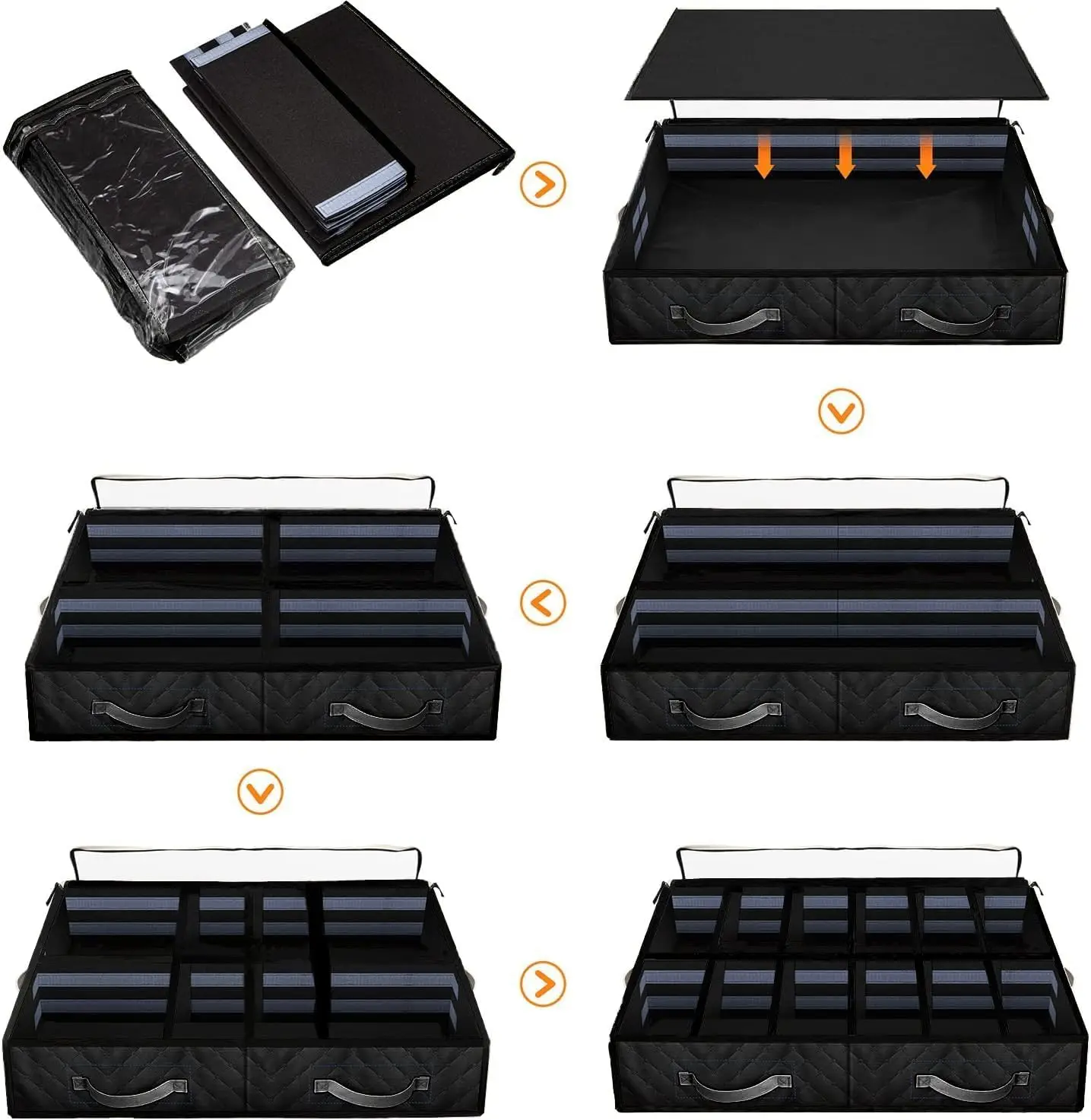 Набор органайзеров для хранения обуви под кроватью из 2 шт., с регулируемыми перегородками и прозрачным окном, черный