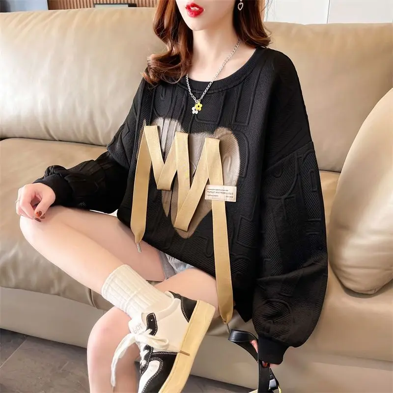 O-neck Pullovers Sweatshirts Women\'s Clothing Autumn Thin Long Sleeve Solid Lacing Fashion Loose Casual Streetwear T-Shirts