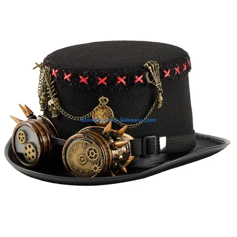 

573B Unisex Felts Top Hat With Metal Chain and Goggles Decoration Halloween Costume Accessories For Steampunk Enthusiasts