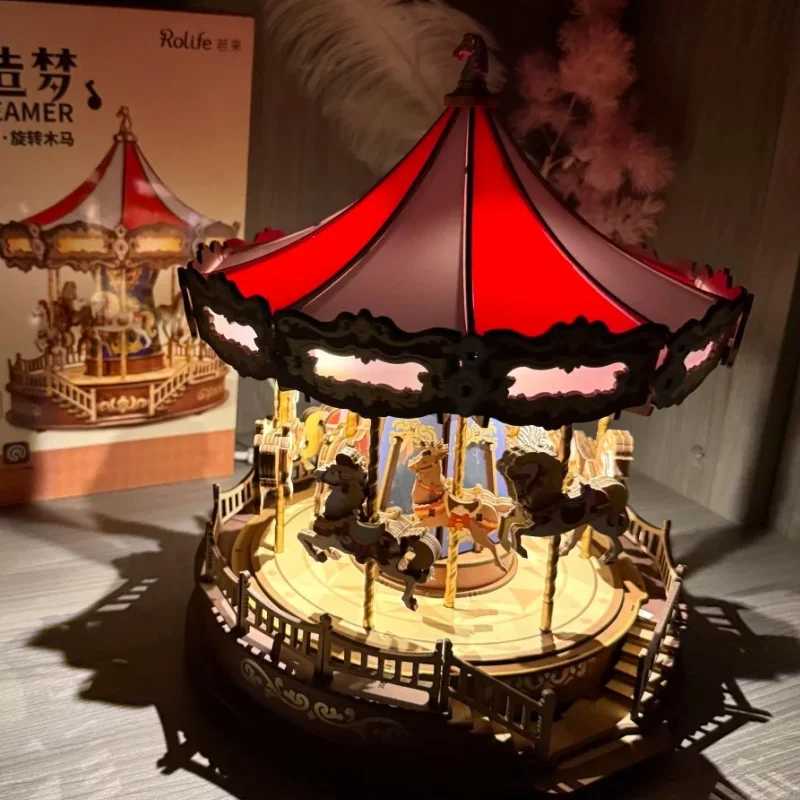 Robotime Carousel صندوق تشغيل الموسيقى ثلاثية الأبعاد لغز خشبي مع أضواء LED والعتاد نموذج بناء البناء الحرفية مجموعات هدايا عيد الميلاد عيد الميلاد #5