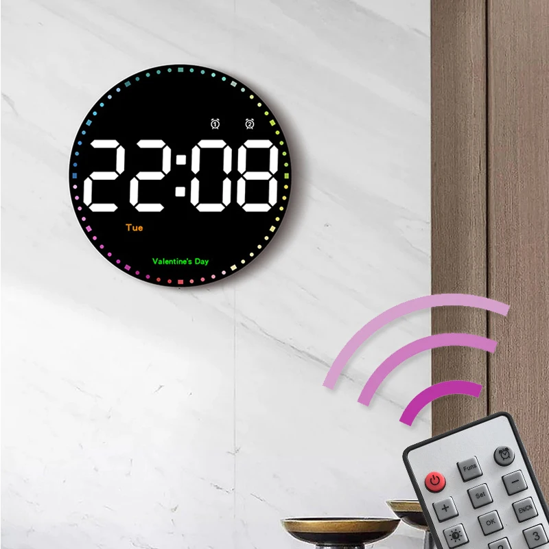 

Large Screen LED Digital Wall Clock Remote Control Alarm Clock Living Room Temperature Calendar Hanging Colorful Smart Clock