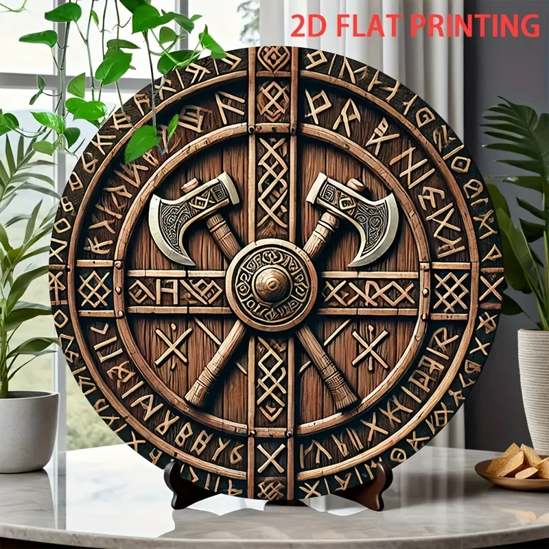 Decoración de pared de escudo vikingo plano 2D, diseño de casco vikingo redondo de hierro forjado con hachas y runas, impresión HD 2D, interior/Ou