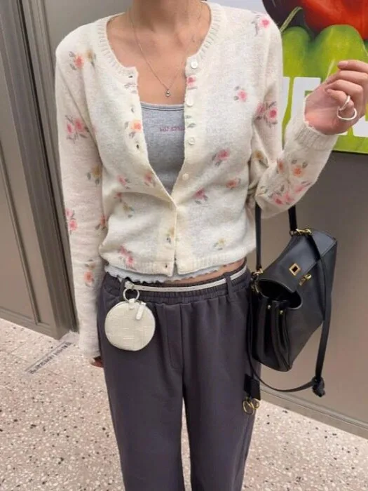 Korean Design Long Sleeve Knitted Cardigan Women's Short Print Sweater Spring New Style Floral Gradient Dyeing Spring Autumn ...