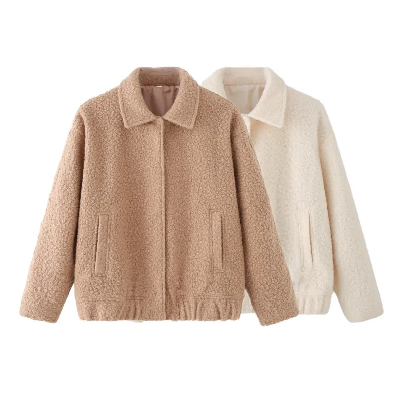 

2025 Autumn New Women's Solid-Color Jacket Street Fashion Lapel Solid Woolen Outerwear Stylish Warm Casual Jacket Top Daily Wear