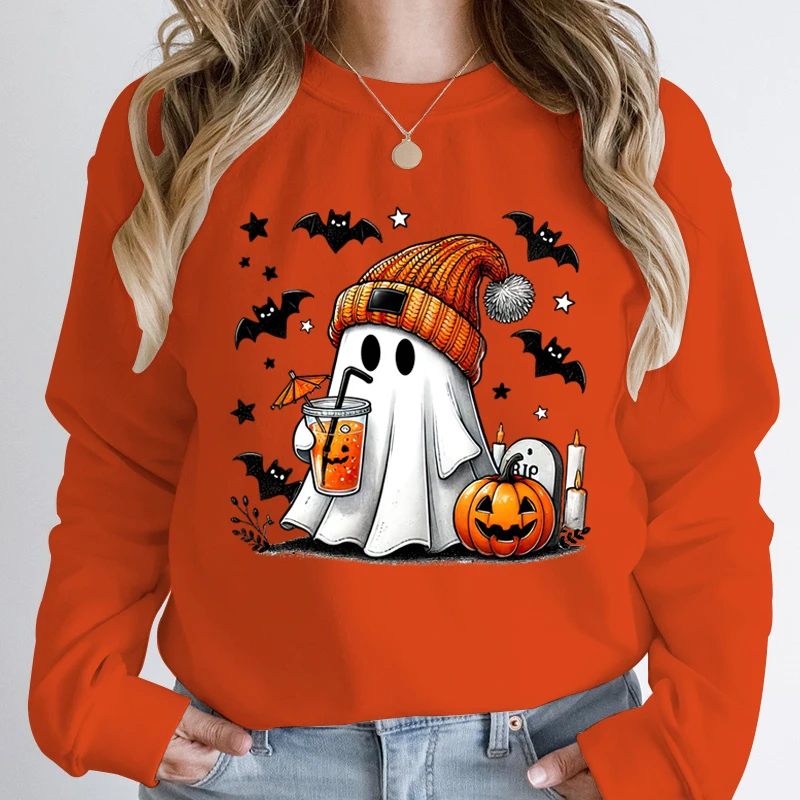 New Women\'s Sweatshirt Halloween Ghost Pumpkin Bat Print Round Neck Pullovers Ladies Autumn Winter Casual Halloween Sweatshirt